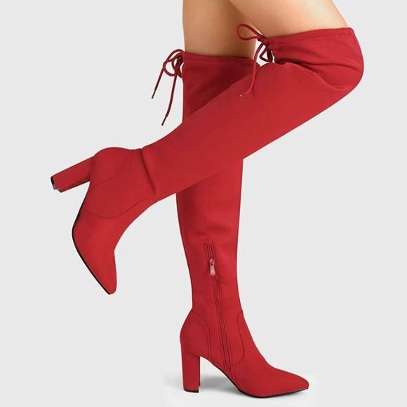 Dream Pairs Shoes - Dream Pairs Natasha Red Thigh High Chunky Heel Boots, New Faux Suede, Slouch 10M